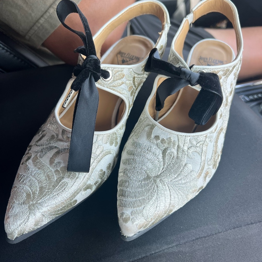 John Fluevog Silver and Black Heels with Pointed Toe
